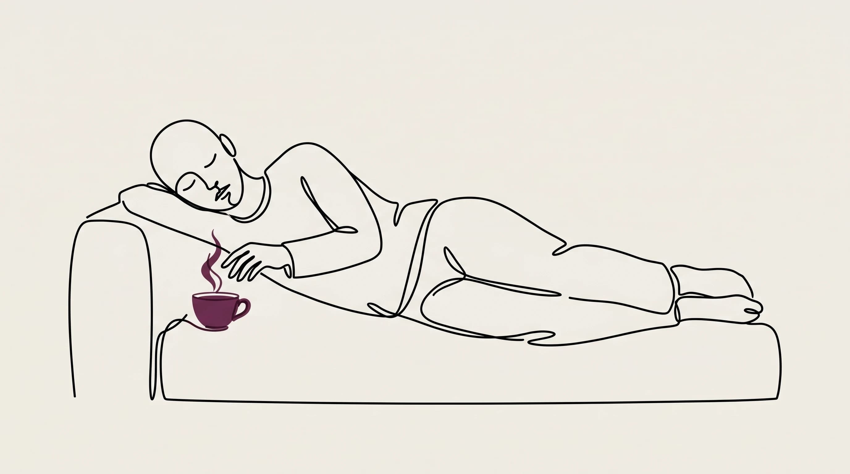 One-Liner-Illustration: Eine Person ruht erschöpft auf einer Couch, eine Hand reicht nach einer dampfenden Plum-farbenen Tasse