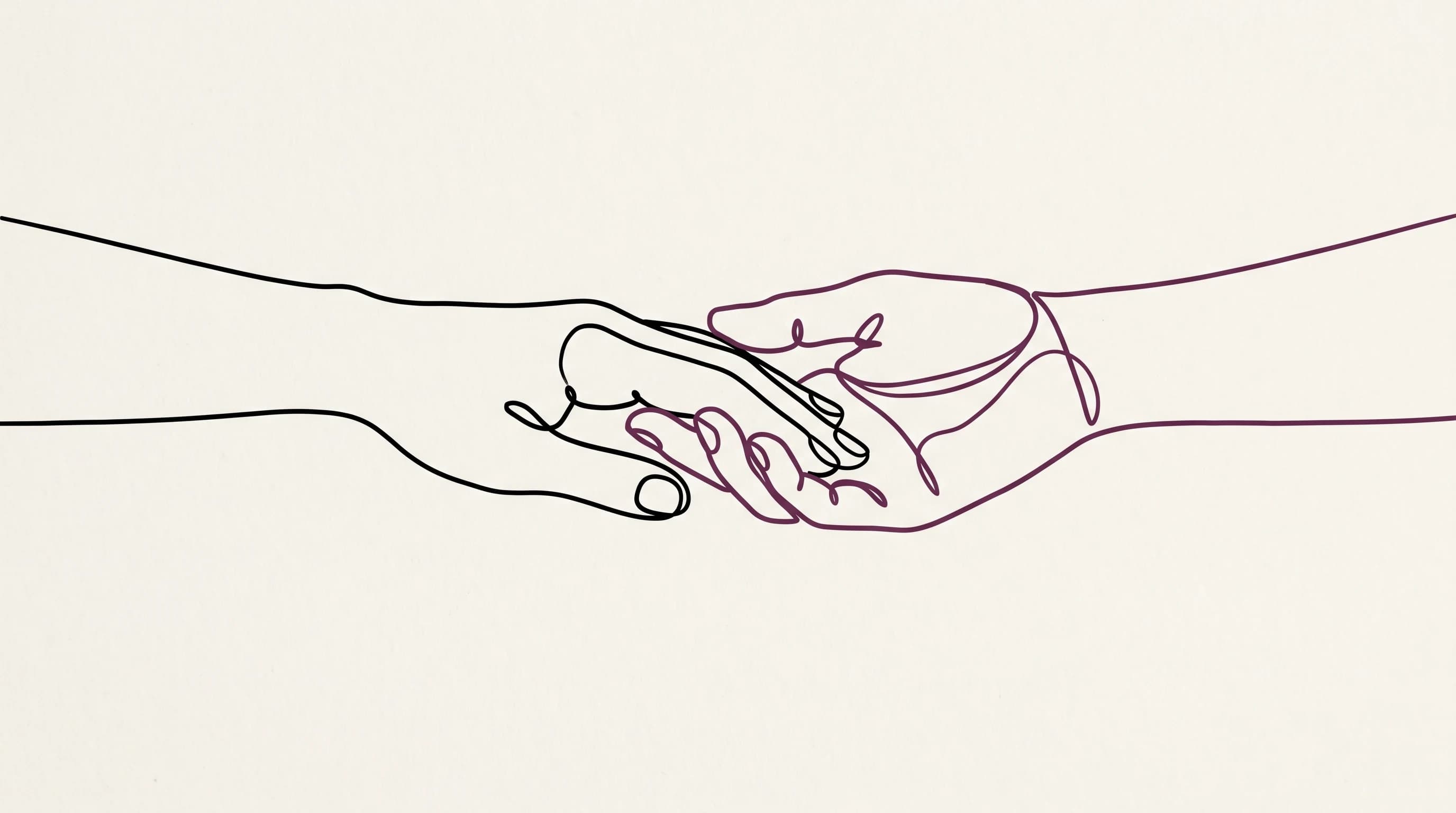 One-Liner-Illustration: Zwei Hände begegnen sich — eine schwarze Hand und eine plumfarbene Hand, Symbol für begleitende Unterstützung