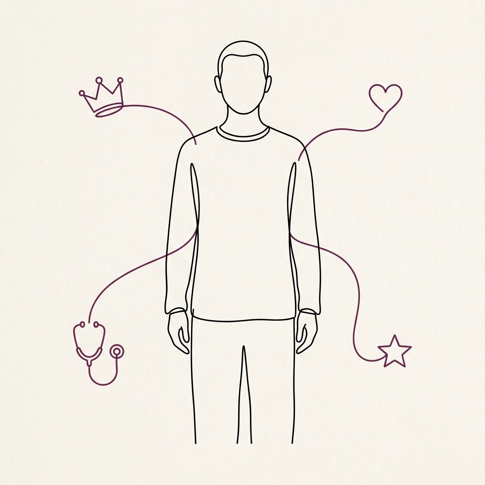 One-Liner-Illustration: Eine zentrale, geschlechtsneutrale Figur, um die in plumfarbenen Linien vier Rollen-Symbole schweben — Krone, Herz, Stethoskop und Stern