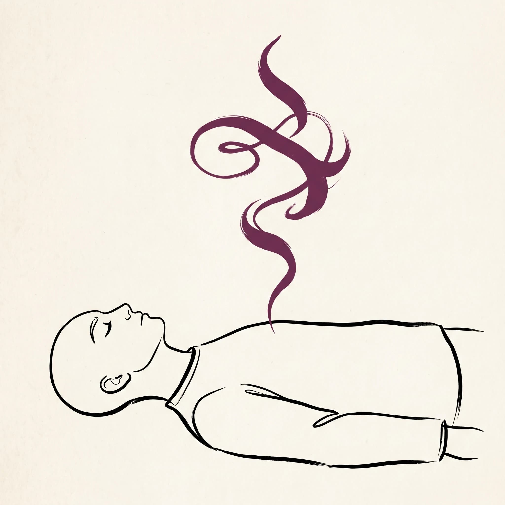 One-Liner-Illustration: Eine ruhig liegende Person, aus dem Brustkorbbereich steigt eine plumfarbene, organische Atemwelle als kalligraphischer Tintenstrich auf