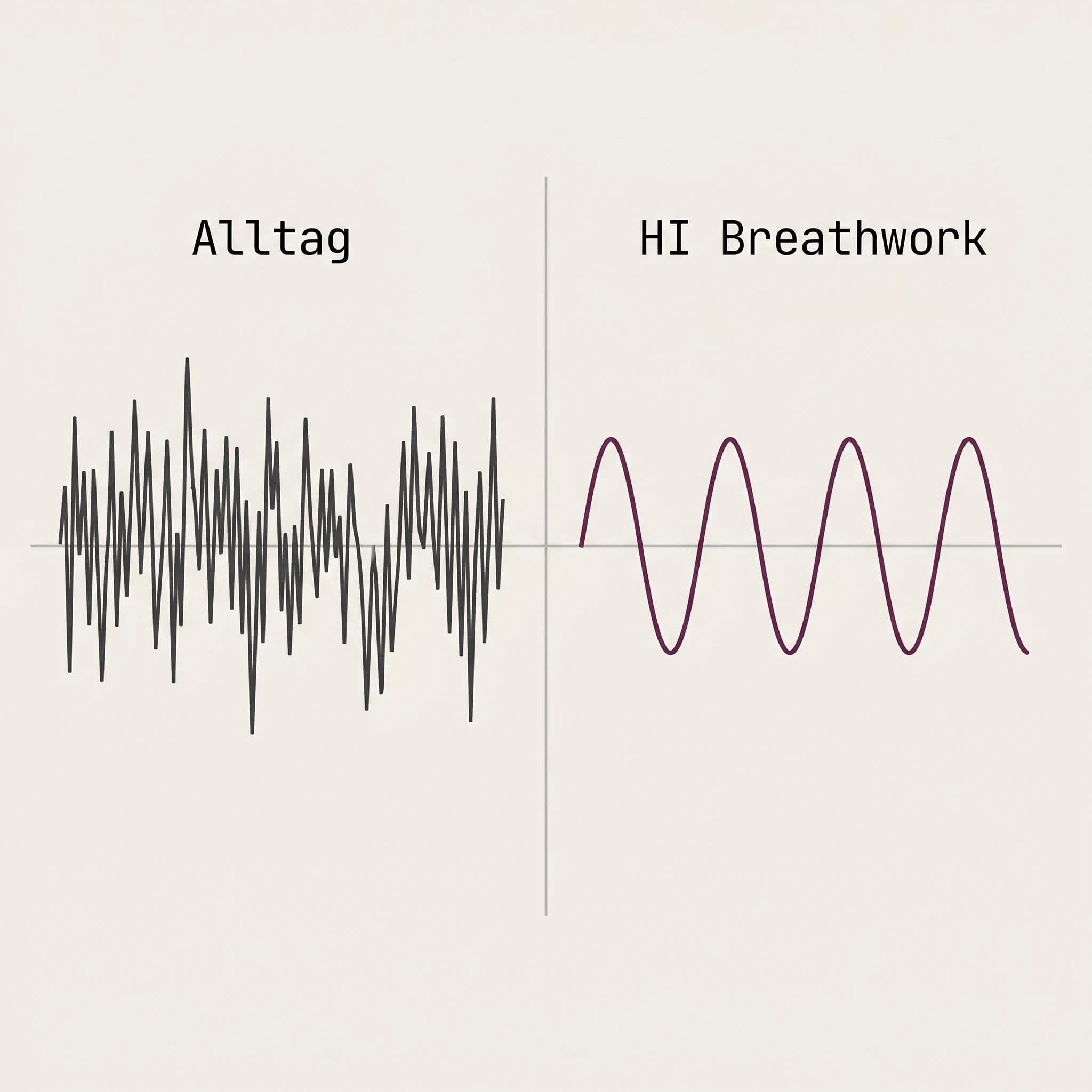 Diagramm: Chaotische Wellenform unter dem Label „Alltag" gegenüber einer ruhigen, regelmäßigen plumfarbenen Sinuswelle unter dem Label „HI Breathwork"